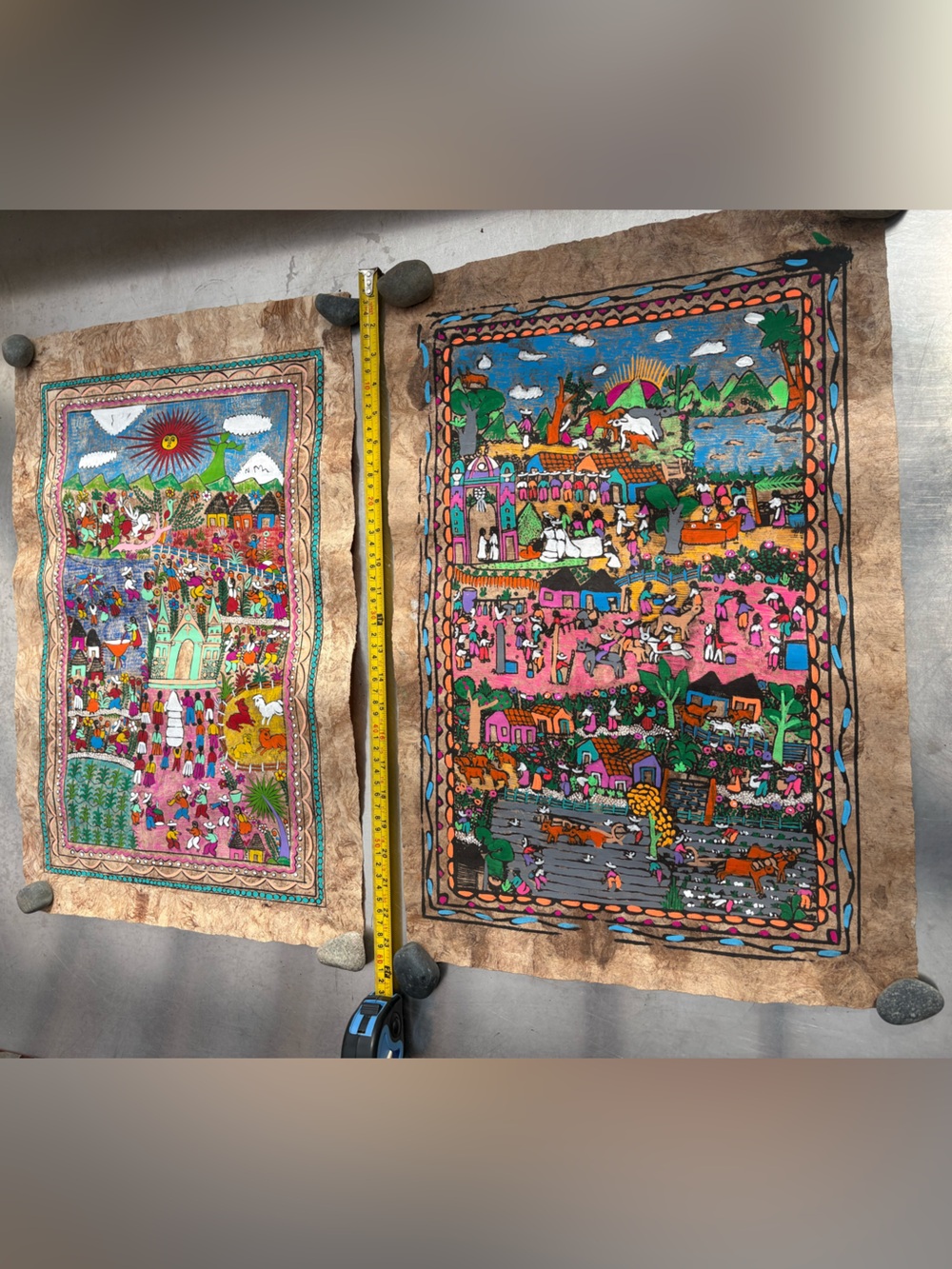Vintage Mexican Amate Bark Paintings - Matching Pair Folk Art 15.5x23